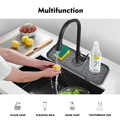 Silicone Faucet Mat For Kitchen, Sink Splash Guard, Bathroom Faucet Water Catcher Mat, Sink Draining Pad Behind Faucet, VENMATE Keep Drying Kitchen Accessories (Grey (14.6" X 5.5")) 4 Silicone Faucet Mat For Kitchen, Sink Splash Guard, Bathroom Faucet Water Catcher Mat, Sink Draining Pad Behind Faucet, VENMATE Keep Drying Kitchen Accessories (Grey (14.6" X 5.5")) - Image 4