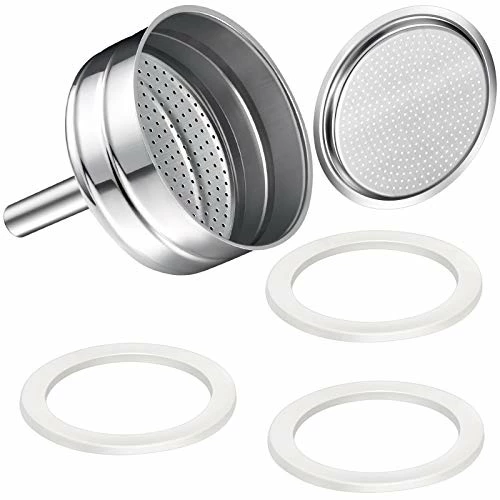 Boao Moka Express Replacement Funnel Kits, 3 Packs Replacement Gasket Seals, 1 Stainless Steel Replacement Funnel with 1 Pack Stainless Filter Replacement(6-Cup) 1 Boao Moka Express Replacement Funnel Kits, 3 Packs Replacement Gasket Seals, 1 Stainless Steel Replacement Funnel with 1 Pack Stainless Filter Replacement(6-Cup)