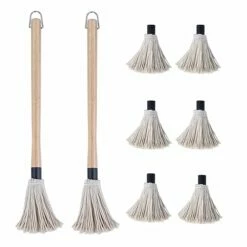 Donxote 18 Inch BBQ Mop Brush Set Of 2, With 6 Extra Replacement Heads, Wooden Long Handle Cotton Head Mopping Basting Grill Sauce Perfect For Grilling Smoking Steak Marinade Or Glazing