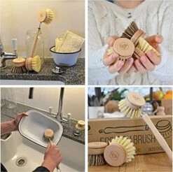Eco Friendly Dish Brush With Handle - Eco Kitchen Brushes For Dishes - Dish Cleaning Brush Set With 3 Natural Dish Brush Replacement Heads - Eco Cleaning Tools - Agile Home + Garden Eco Friendly Gifts -Samsung Shop 51Gn29msxAL