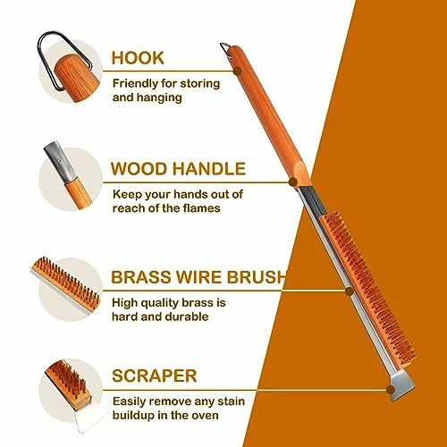 SupMaka Pizza Oven Brush, 22” Pizza Stone Brush - Grill Cleaning Brush With Scraper, Grill Brush Wood Handle & Brass Bristles, Pizza Oven Accessories For Outdoor BBQ, (Vibrant Orange) 3 SupMaka Pizza Oven Brush, 22” Pizza Stone Brush - Grill Cleaning Brush With Scraper, Grill Brush Wood Handle & Brass Bristles, Pizza Oven Accessories For Outdoor BBQ, (Vibrant Orange) - Image 3