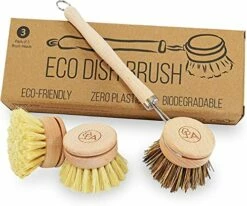 Eco Friendly Dish Brush With Handle - Eco Kitchen Brushes For Dishes - Dish Cleaning Brush Set With 3 Natural Dish Brush Replacement Heads - Eco Cleaning Tools - Agile Home + Garden Eco Friendly Gifts