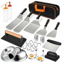24Pcs Griddle Accessories Set, Stainless Steel Flat Top Grill Spatula Kit For Outdoor Barbecue Camping Cooking, Included Basting Cover, Scraper, Cast Iron Grill Press, Carrying Bag