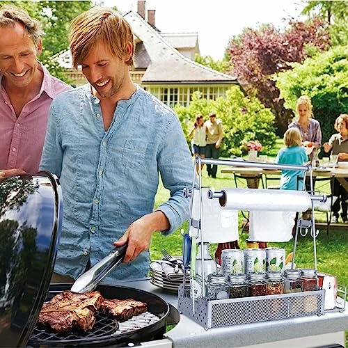 Semlos BBQ Grill Caddy With Paper Towel Holder And Hooks, Condiment Caddy And Storage Organizer For Grilling Tools, Camping Accessories For Barbecue, Picnics, Garage And Travel Trailers, Silver 3 Semlos BBQ Grill Caddy With Paper Towel Holder And Hooks, Condiment Caddy And Storage Organizer For Grilling Tools, Camping Accessories For Barbecue, Picnics, Garage And Travel Trailers, Silver - Image 3